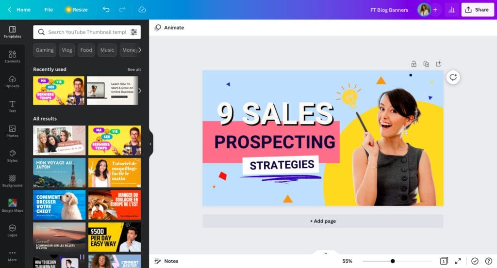 A design software interface displaying a thumbnail template titled "9 Sales Prospecting Strategies." A woman is pointing to a lightbulb icon with a smile. The left panel shows various recently used templates and design elements.