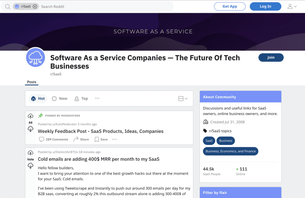 Reddit SaaS website screenshot