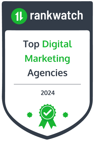 Award badge with a shield shape, displaying the Rankwatch logo. Text reads "Top Digital Marketing Agencies 2024" with a green ribbon icon at the bottom.