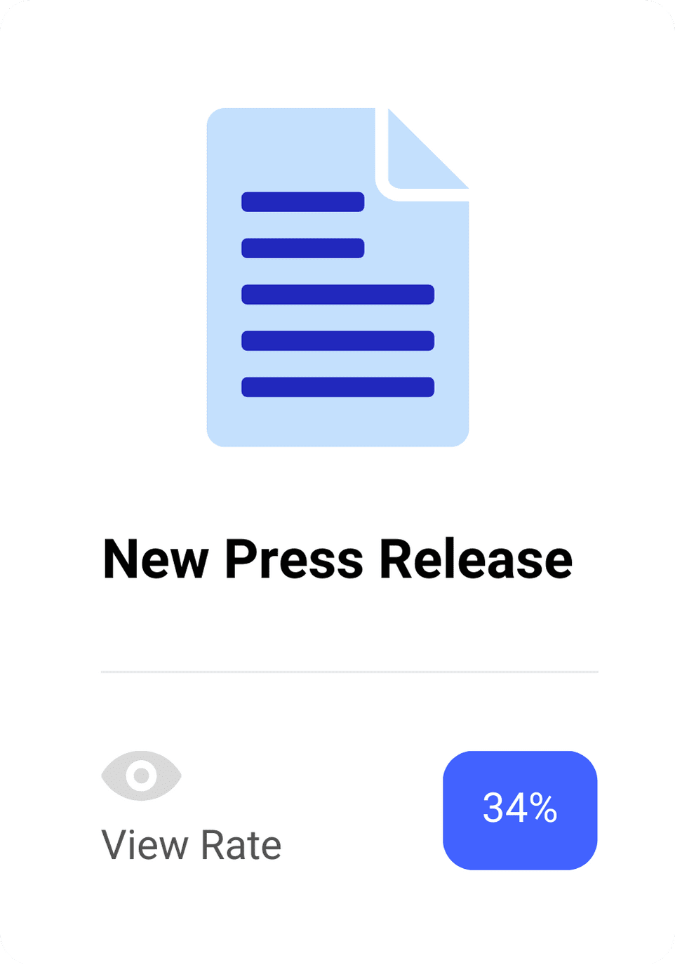 An icon of a document with blue text above the bolded words "New Press Release." Below this, there's an eye icon followed by the text "View Rate" and a blue box with "34%" inside it.