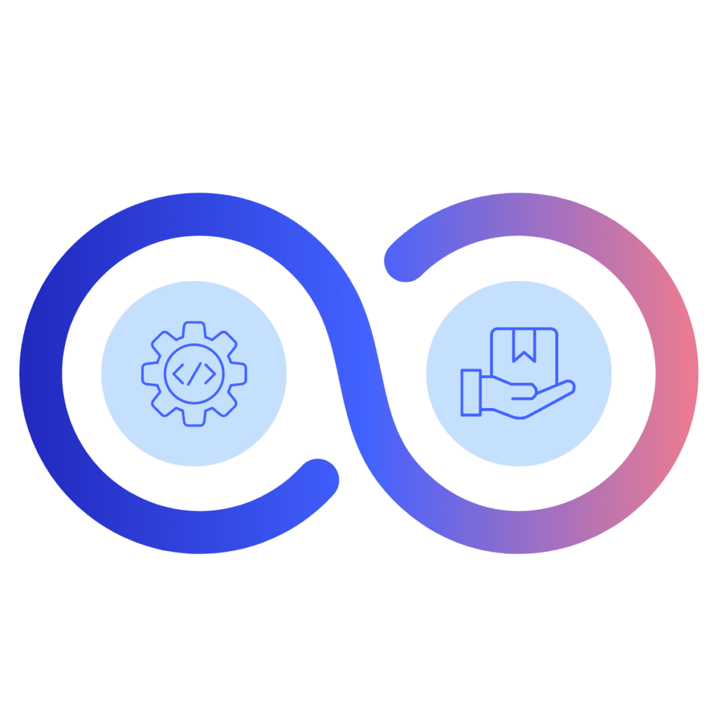 An infinity loop with a gear symbol on the left indicating development and a hand holding a package on the right indicating delivery. The loop transitions from blue on the left to pink on the right, symbolizing the continuous integration and delivery process.