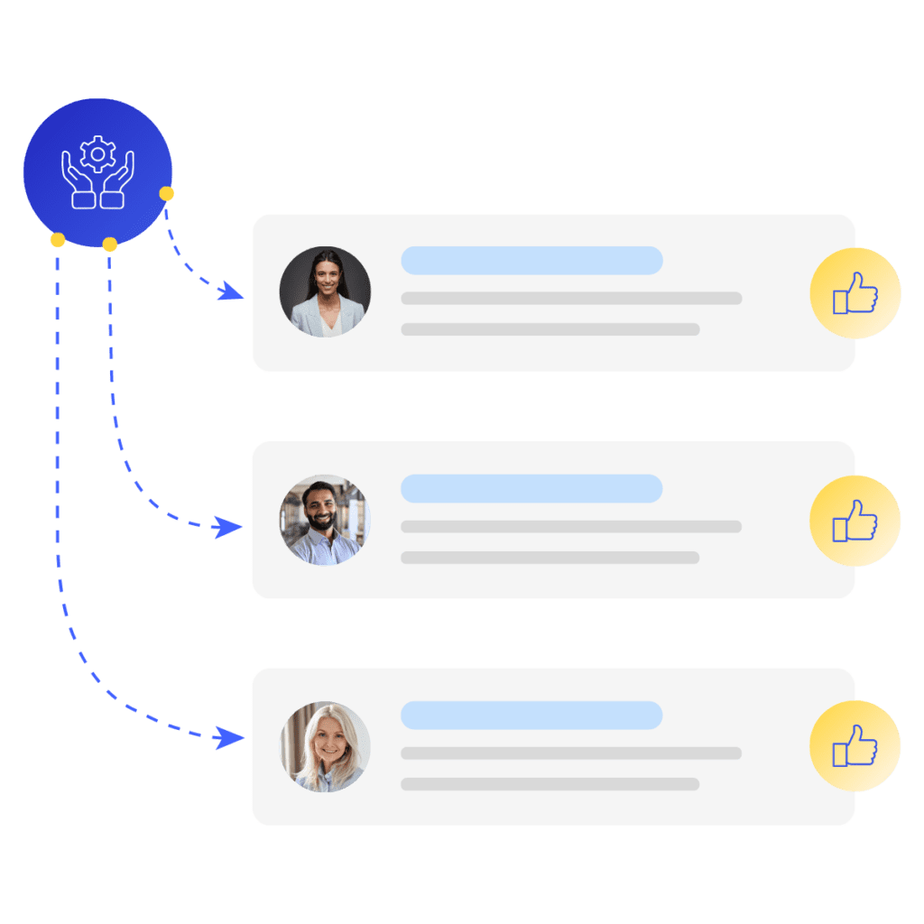 Illustration depicting a process flow with one main icon on the left, showing a gear with hands, connected via arrows to three profile images of people on the right. Each profile has a text placeholder and a thumbs-up icon.