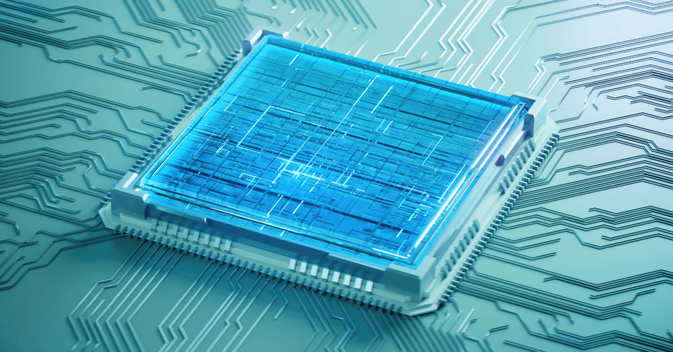 A close-up image of a glowing blue microchip placed on a circuit board. The microchip has a transparent blue cover, revealing intricate internal circuitry. The surrounding background, reminiscent of interconnected circuit lines in light teal.