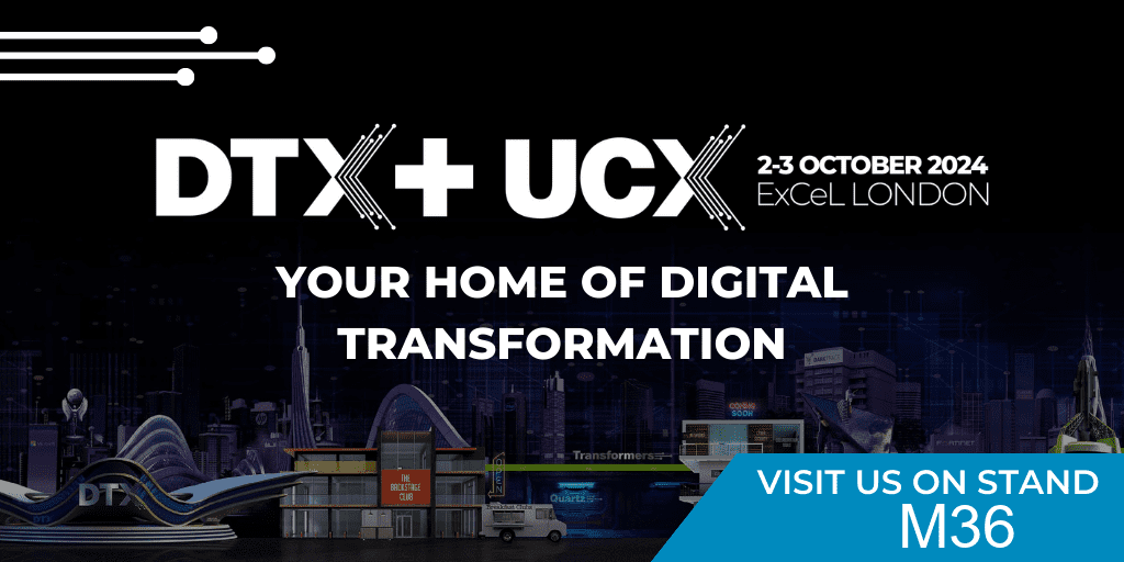 Image featuring promotional content for an event. Text reads “DTX + UCX, 2-3 October 2024, ExCeL London. Your Home of Digital Transformation. Visit us on stand M36.” Background showcases a cityscape with digital and futuristic elements, hinting at how AI content can rank on Google for maximum impact.