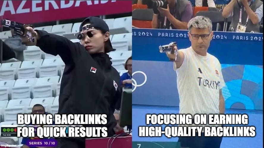 A split-screen comparison meme featuring two shooters aiming pistols. The left shooter, labeled "BUYING BACKLINKS FOR QUICK RESULTS," has a tense and intense expression. The right shooter, labeled "FOCUSING ON EARNING HIGH-QUALITY BACKLINKS," is calm and composed.