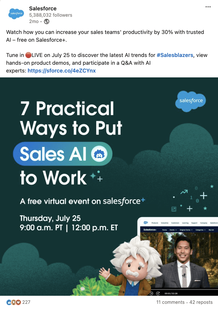 Join us for a Salesforce virtual event, "7 Practical Ways to Put Sales AI to Work," hosted by an expert and Einstein character. Discover how content marketing can enhance your sales strategies on Thursday, July 25 at 9:00 am PT. Click the link for more details!