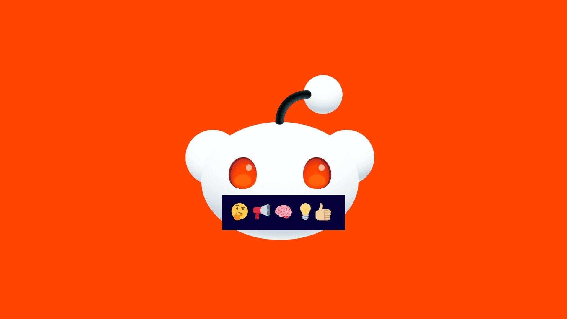 A graphic of Reddit's alien mascot with large orange eyes on an orange background. The mascot's mouth is covered by a black bar filled with emojis like thinking face, brain, thumbs down, and thumbs up, cleverly symbolizing the ups and downs of content marketing.